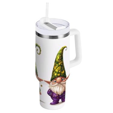 Imagem de Blueangle Copo isolado de gnomos Mardi Gras de 850 g com alça e tampa de palha, caneca de viagem reutilizável de aço inoxidável (372)