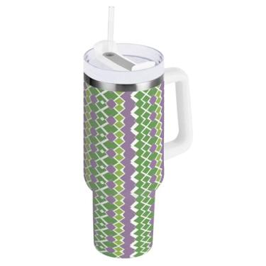 Imagem de Blueangle Copo isolado de diamantes Mardi Gras losango de 850 g com alça e tampa de palha, caneca de viagem reutilizável de aço inoxidável (789)