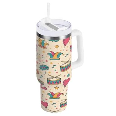 Imagem de Blueangle Copo isolado Carnaval de 850 g Carnaval com alça e tampa de palha, caneca de viagem reutilizável de aço inoxidável (552)