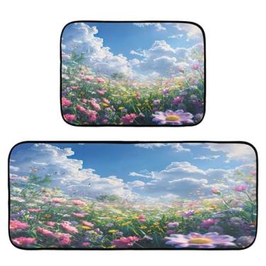 Imagem de xigua Conjunto de 2 peças de tapetes e tapetes de cozinha de rosas desabrochando e macios absorventes para o chão, tapete de cozinha, antiderrapante, 50 x 120 cm + 50 x 70 cm