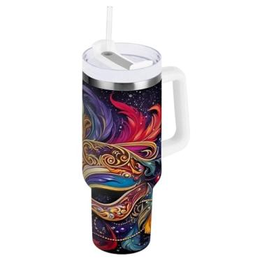 Imagem de Blueangle Copo isolado de máscara de carnaval de 1,134 g com alça e tampa de palha, caneca de viagem reutilizável de aço inoxidável (395)