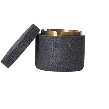 Imagem de Cinzeiro de concreto moderno com tampa cinzeiros de mesa de aço inoxidável bandeja de cimento suporte para fumar interior exterior escritório decoração de casa decoração de casa (preto)