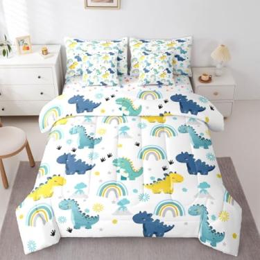 Imagem de Erosebridal Jogo de cama solteiro com estampa de dinossauros fofos, arco-íris, 7 peças, com estampa de vulcão, marcas de garras, sol, estrelas, kawaii, dinossauros, azul e amarelo, para crianças