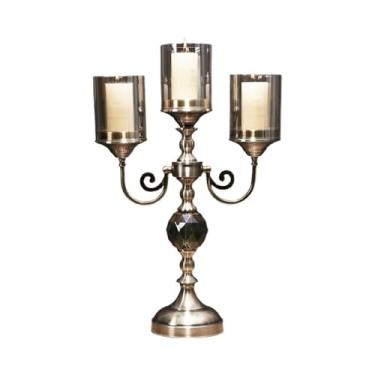 Imagem de Castiçal retrô de metal vidro três cabeças castiçal luz luxo decoração de casa ornamentos suporte de vela suporte de castiçal (grande)