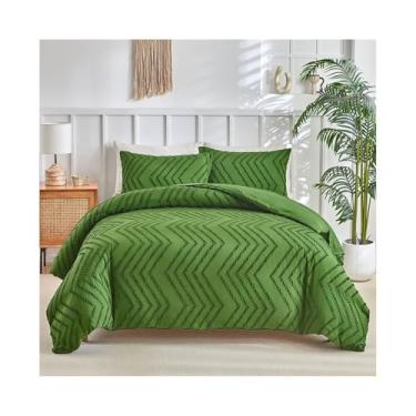 Imagem de Conjunto de capa de edredom boêmio verde, conjunto de cama de microfibra texturizada tufada com fecho de zíper (solteiro (135 x 200 cm))