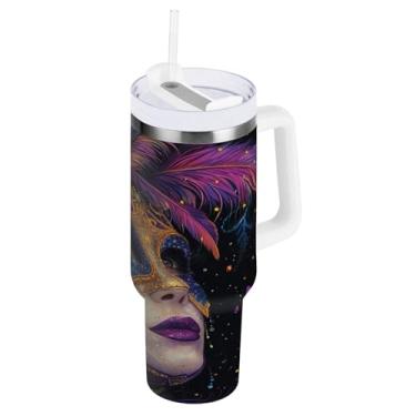 Imagem de Blueangle Copo isolado de máscara de carnaval de 850 g com alça e tampa de palha, caneca de viagem reutilizável de aço inoxidável (384)