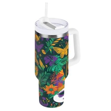 Imagem de Blueangle Copo isolado com padrão de máscaras de carnaval de 850 g com alça e tampa de palha, caneca de viagem reutilizável de aço inoxidável (30)