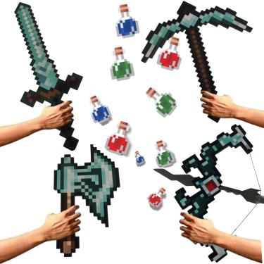 Imagem de Kit 12 ferramentas mine pixel Espada de brinquedo picareta arco marchado 3 flechas 5 poções