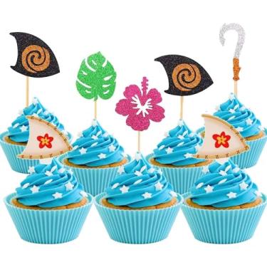 Imagem de Topos de cupcake inspirado na Moana JeVenis com glitter e decoração havaiana para festa de aniversário de Luau tropical, chá de bebê, casamento, chá de bebê