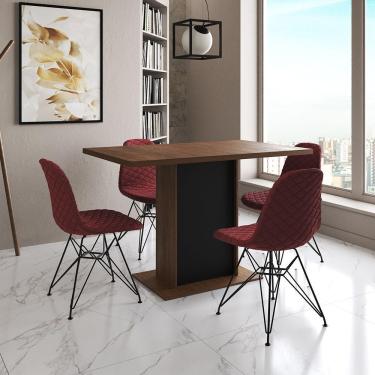 Imagem de Mesa Jantar Londres Tampo Amêndoa 120Cm Base Preta 4 Cadeiras Ferro Preto Estofado Vermelho