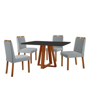 Imagem de Conjunto Sala De Jantar Mesa Floripa 140x80cm Preto Com 4 Cadeiras Dallas Linho Cinza