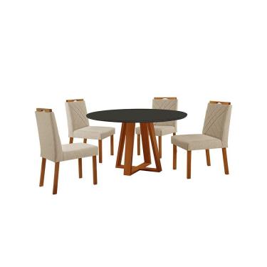 Imagem de Conjunto Sala De Jantar Mesa Floripa 110cm Tampo Redondo Vidro-mdf Preto Com 4 Cadeiras Dallas Linho Bege