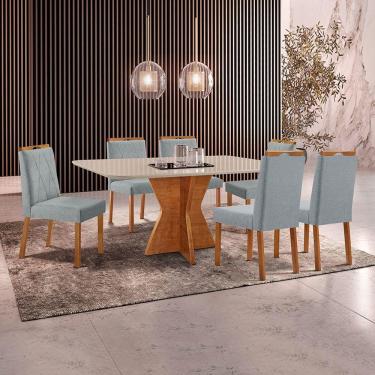 Imagem de Conjunto Sala De Jantar Mesa Madri 160x90cm Tampo Retângular Vidro Off White Com 6 Cadeiras Bela Linho Cinza