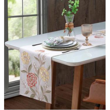 Imagem de Caminho de Mesa Bordado Quebec Floral Linho 40x180cm Jolitex