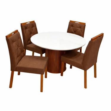 Imagem de Mesa de Jantar Dara 110cm Redonda com Vidro e 4 Cadeiras Jasmim em Veludo Estofadas Lj Móveis Cor Cinamomo Off White com Tecido Marrom