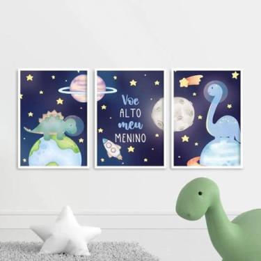 Imagem de Kit 3 Quadros Dinossauro Astronauta - 33x24cm - Vidro - Quadros On-Lin