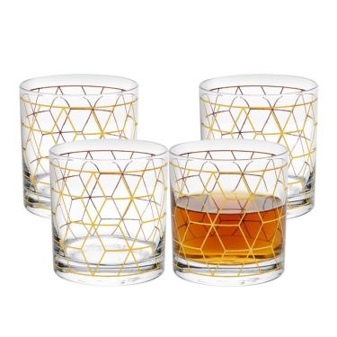 Imagem de Jogo 4 Copo De Whisky Vidro Baixo Para Drink Whiskey Uisque Detalhe Dourado Cube 320ml Wolff