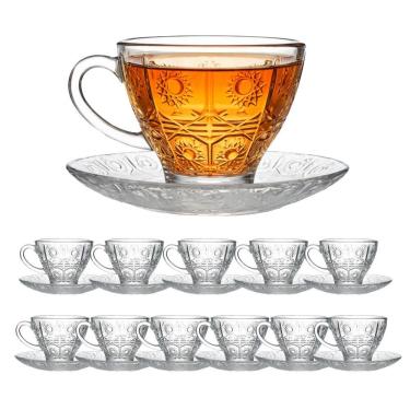 Imagem de Jogo 12 Xícara De Chá Vidro Transparente Com Pires Bohemia Café Relevo 220ml Em Casa Tem