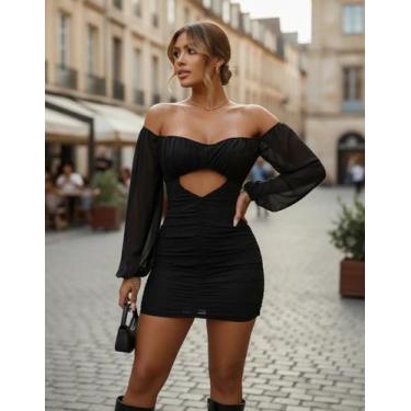 Imagem de Vestido Curto Ombro A Ombro Manga Longa Decote Coração Cor:PretoTamanh