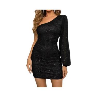 Imagem de Vestido Feminino De Um Ombro Só, Manga Comprida, Sexy, Bodycon, Preto,