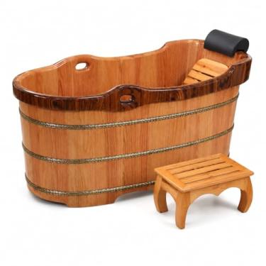 Imagem de Banheira de imersão de madeira de carvalho premium com banco, apoio de cabeça, apoio para os pés, válvula de drenagem de cobre e mangueira ABS, vários tamanhos para Deep Home Spa (cor de madeira, 120