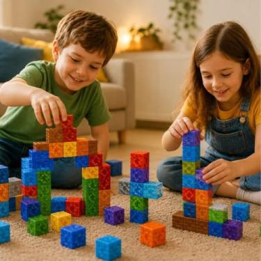 Imagem de Blocos Magnéticos Infantil 120 Peças Jogo Educativo de Construção 3D Brinquedo Pedagógico Criativo para Crianças Montagem e Aprendizado Raciocínio Lógico Formas Geométricas Presente Escolar