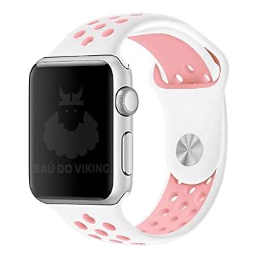 Imagem de Pulseira Silicone Furos, compatível com Apple Watch (Branco Rosa, 42/44/45 Grande)