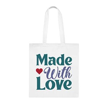 Imagem de Sacola feita com amor, presente divertido, bolsa de ombro, bolsas reutilizáveis, cesta de Natal de aniversário, ideia de presente, Branco