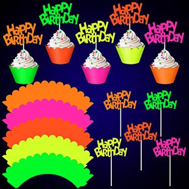 Imagem de 40 peças de enfeites de cupcake neon para festa brilhante neon neon para decoração de festa de aniversário e aniversário neon, decoração de festa de aniversário neon brilhante, festa de casamento, fes