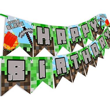 Imagem de Banner de feliz aniversário para jogos Pixel Blast - Suprimentos de festa de pixel - Decorações de festa de mineiro - explosão