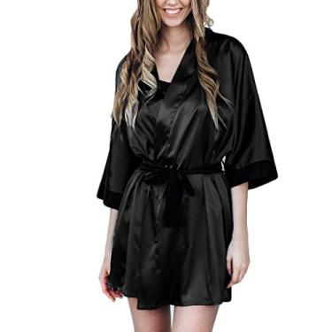 Imagem de Conjunto de pijama feminino roupão preto sexy robe lingerie pijama feminino quimono renda cetim de seda confortável (preto, M)