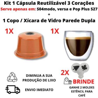 Imagem de Cápsula 3 Corações Reutilizável Café + Copo Caneca Vidro Xícara - Ahfc