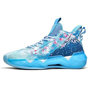 Imagem de Tênis de basquete fluorescente neutro, sapatos masculinos femininos, tênis super leves, cano alto, estilo grafite, Azul, 6 Women/8 Men