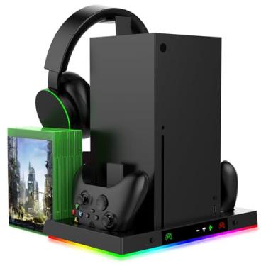 Imagem de Suporte de ventilador de resfriamento e estação de carregamento de controlador para consoles Xbox Series X com 15 modos de luz colorida, base de carregador dupla vertical acessórios Xbox.(RGB Light)