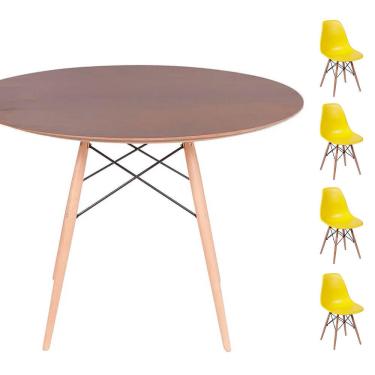 Imagem de Conjunto Mesa Eames Eiffel dsw Redonda Imbuia 90cm + 4 Cadeiras Eames dsw - Amarela
