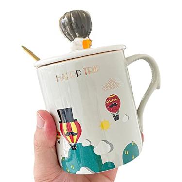 Imagem de seelucky Caneca de balão de ar quente com tampa colher caneca 3D copo de café de cerâmica xícara de chá de lua presente de aniversário escritório casa (balão de ar quente cinza, 400 ml)