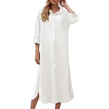 Imagem de Vestido feminino de algodão e linho, casual, solto, cor sólida, vestidos preppy, Branco, G