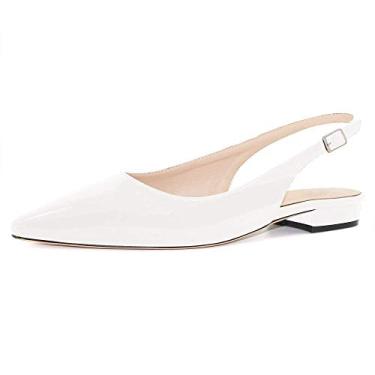 Imagem de Fericzot Sapatos femininos sensuais sandálias de bico fino salto baixo quadrado fivela Drees Flat Shoes Plus Size, Branco envernizado, 10