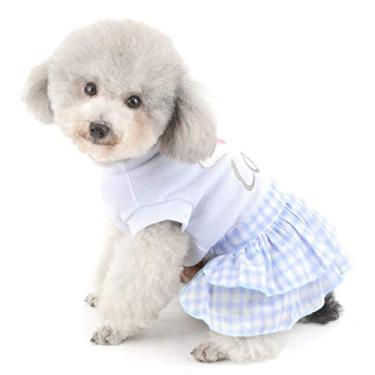 Imagem de SMALLLEE_LUCKY_STORE Love Sweet Heart Vestido xadrez para cães pequenos para o dia dos namorados, camiseta de algodão, saia de verão para animais de estimação, roupa Yorkie, GG, azul