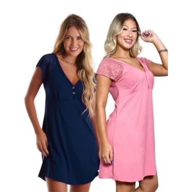 Imagem de Kit com 2 Camisolas em Viscose com Detalhes Renda Estilo Camiseta Noite Dormir Amamentação Maternidade Feminina (Rosa/Azul Marinho, G)