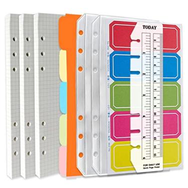 Imagem de DY.2ten Conjunto de refil de fichário a6 com 6 furos – 135 folhas (270 páginas) de papel quadriculado + 2 bolsos para fichário com zíper + 5 divisórias + abas de índice + régua para Filofax a6