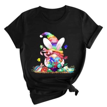 Imagem de Camiseta feminina Happy Easter Day manga curta Happy Bunny camiseta gola redonda moderna para mulheres 2024, Preto, M