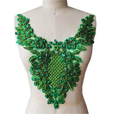 Imagem de Aplique de renda feito à mão com strass costurados à mão, remendos para roupas de vestidos, acessórios de decote e saia (verde-claro)