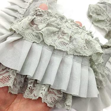 Imagem de KARMELLING 1 jarda cinza largo três camadas tecido chiffon plissado bordado franja laço para costura e decorações de casamento nupcial DIY mini boneca vestir artesanato 10 polegadas, 8#. Cinza