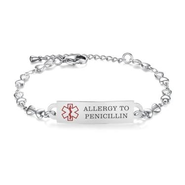 Imagem de AOAMID Pulseiras femininas de alerta médico ajustáveis personalizadas com gravação gratuita para identificação médica de 16,5 a 20 cm, 8.5 in, Metal, Sem Pedra Preciosa