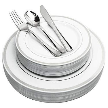 Imagem de Conjunto de pratos e talheres de plástico prata com 125 peças – reutilizáveis e recicláveis – talheres de borda prateada para casamentos, aniversários, chás e festas – jantar, salada, utensílios, 25