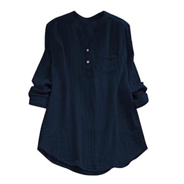 Imagem de Camiseta feminina de linho manga 3/4 Henley bolso túnica cor sólida plus size camiseta verão, Azul marino, XXG
