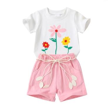 Imagem de YOUNGER TREE Roupas infantis para bebês meninas camiseta melancia + shorts de linho com cinto lindo conjunto de shorts de verão, Flor rosa, 2 Anos