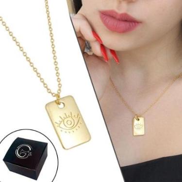 Imagem de Colar Corrente Elo Português Medalha Olho Grego Livrai-me do Mal Banhado a Ouro - NE-Unissex