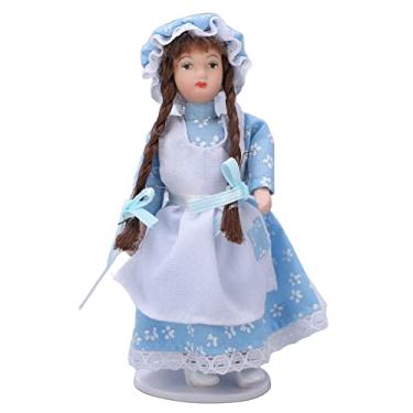 Imagem de 1:12 Dollhouse Mini People Figures, Doll House Ceramic Girl Figures Articulações Dobráveis ​​Boneca De Menina Em Azul Com Capuz E Tranças Para Fingir Brinquedo De Casa De Bonecas